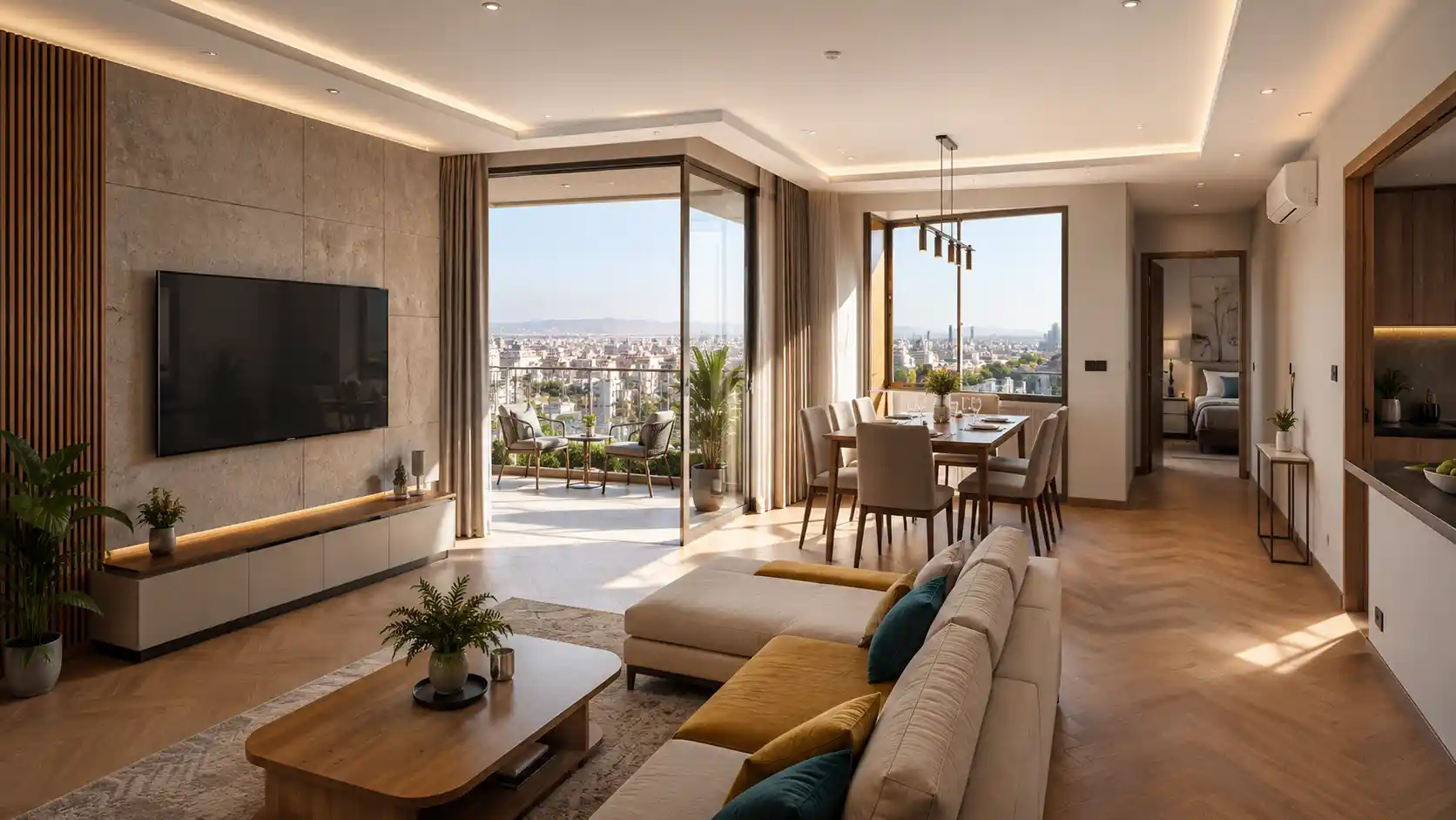 Modern 3 BHK flat interior in Jaipur with open living room, dining area, and balcony city view — among the best 3 BHK flats in Jaipur