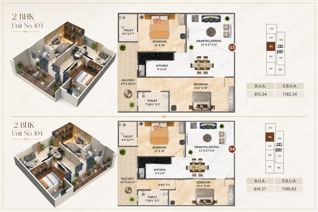 Ecoworld 5th 2 BHK floor plan with built-up area and super built-up area