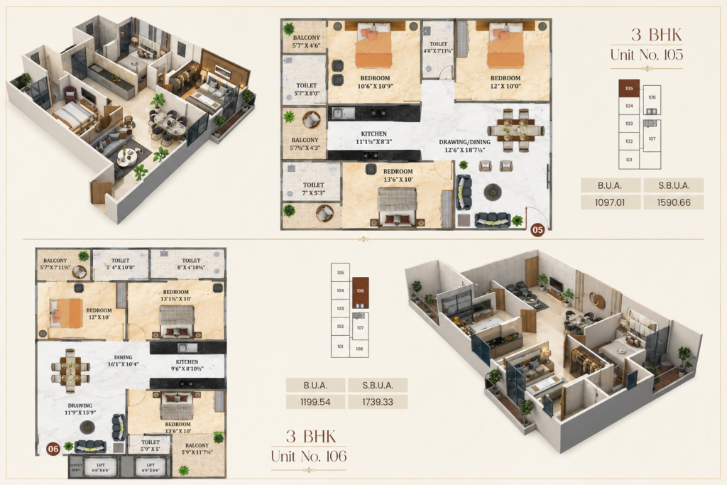 Ecoworld 5th 3 BHK floor plan with built-up area and super built-up area